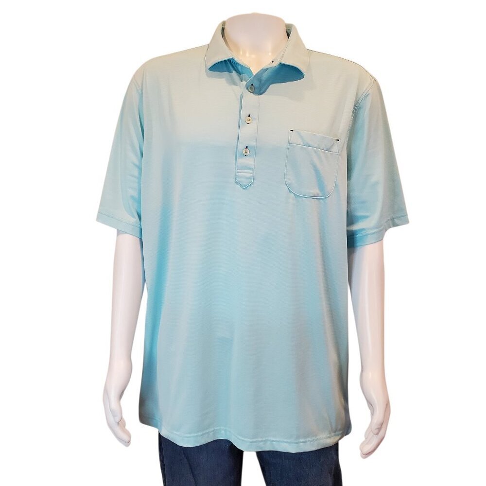 STITCH SZ XL Men's Micro Striped Performance Golf Polo in Aqua Blue & White